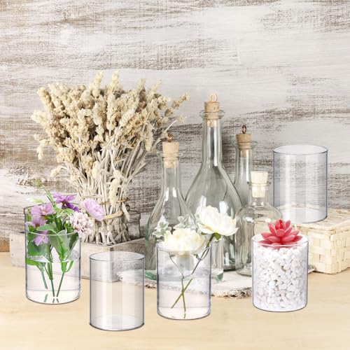 Vesici 20 Pcs Plastic Cylinder Vase Acrylic Cylinder Vase Bulk Small Clear Flower Container Hurricane Candle Holder Round Wide Container Centerpiece for Home Office Wedding Decorations (4 Inch) - size: 4 Inch