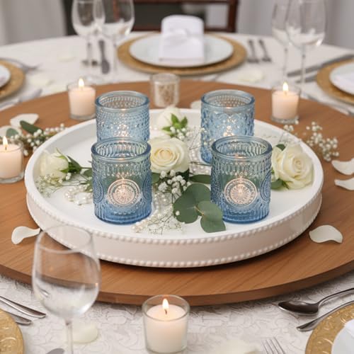 LETINE 16 Pcs Blue Votive Candle Holders, 4 Assorted Patterns Glass Tea Light Candle Holders for Table Centerpieces, Ideal for Spring Summer Wedding Table Centerpieces, Valentine's Day & Parties - color: Blue
