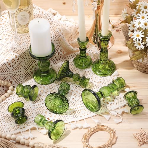 Mumufy 10 Pcs Glass Crystal Taper Candle Holders Clear Glass Candlestick Holder Fit 0.8 Inch Candles Crystal Decorative Candle Stand Centerpiece Table Wedding Dining Party (Classic,Green) - color: Green