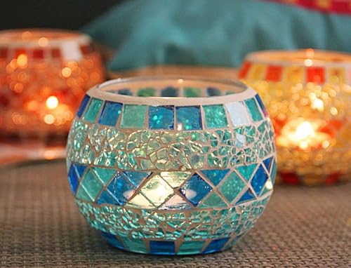 Votive Candle Holder Tea Lights - Glass Candle Holders, Mosaic Tealight Candle Holder, Candle Jar Cup for Wedding Centerpiece Party Table Decorations, Valentines Day Decor - color: A - a - Romantic Blue