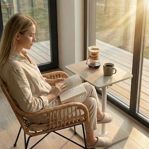 YUHFERA Sofa Armrest Tray Table for Couch - 360 Swivel Height Adjustable End Table for Small Spaces, Snack Side Table for Bed or Chair with Phone & Tablet Slot (Oak, Enlarged) - color: Fair, size: Enlarged