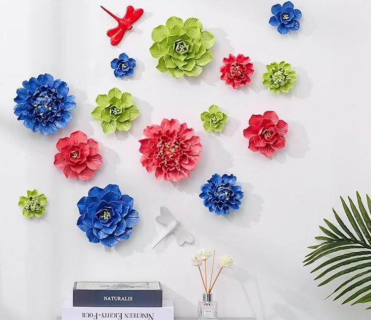 Ceramic Wall Flower Decor Artificial 3D Flower Wall Art，Handmade 3D Wall Art Hanging Sculpture， Porcelain Flower Wall Décor (Green,Crape Myrtle,2.76")