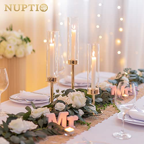 NUPTIO Gold Candlestick Holders Bulk: Set of 18 Glass Hurricane Taper Candle Holders - Decorative Candle Stick Stand for Fall Christmas Fireplace Dining Table Decor - size: 14 & 16 & 18 in