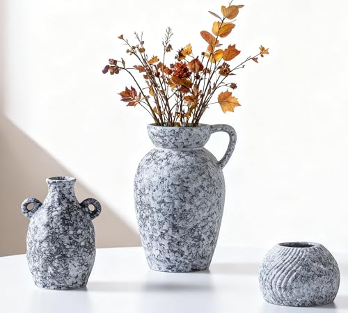 Stone Vase Home Table Decor, Black Ceramic Modern Rustic Farmhouse Vase Set of 3 Centerpiece for Shelf Bedroom Bathroom Desk - color: 16 Black & White