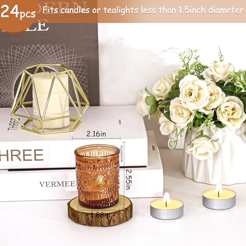 24 Pcs Amber Glass Votive Candle Holders, Tealight Candle Holders for Table Centerpieces, Vintage Candle Holder Bulk, Boho Wedding, Home, Bridal Shower, Birthday Party Table Decor (Amber) - color: Amber