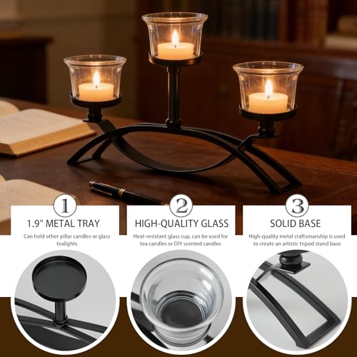 3-Arm Metal Tea Light Candle Holder Set with 5 Glass Cups, Votive Candle Holders Centerpiece Candelabra for Wedding Table Decor, Home Gatherings and Holidays (Black, 3 Cups-2 Pcs) - color: Black, size: 3 Cups-2 Pcs