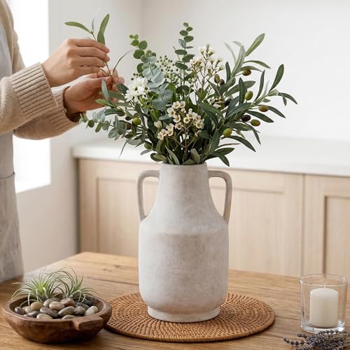 11 Inch Tall Ceramic Vase with Handles, Off-White Farmhouse Rustic Decor | Large Terracotta Style Table Vase for Living Room, Shelf & Fireplace Mantle | Decorative Pottery Centerpiece - color: Antique