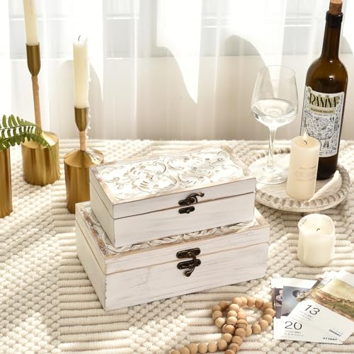 DECOR4SEASON White Wooden Storage Box Set of 2 - Distressed White-Washed Decorative Boxes with Hinged Lids - Hand Carved Solid Pine Organizer for Jewelry, Keepsakes, and Shabby Chic Home Décor - color: White, size: S&M