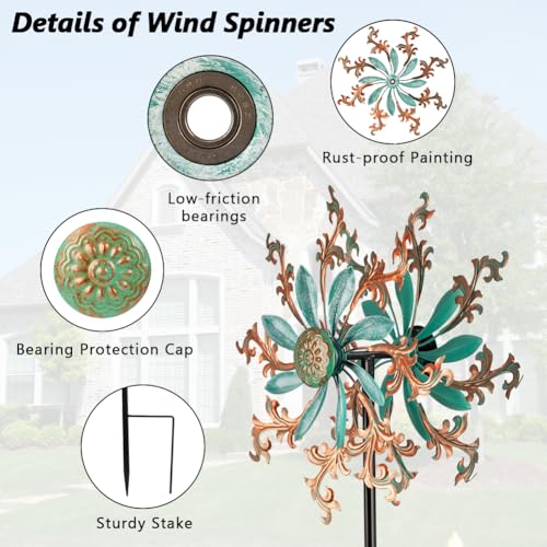 Viveta Wind Spinners Outdoor, Metal Wind Sculptures for Yard and Garden,13 * 57 "Double Windmill with Stable Stake - color: 2-copper Green-b