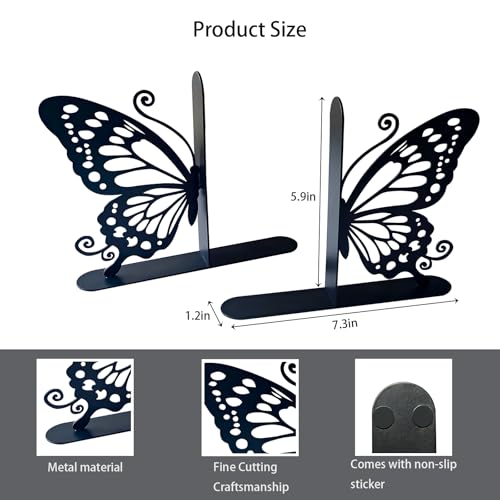 Metal Butterfly Bookends Cute Book Ends for Home Office Decor Bookshelf Decor Accessories Ideal Gift for Book Lovers(Black)