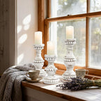Farmhouse Large Candle Holders for Pillar Candles, Rustic Wooden Beaded Candle Holder, Perfect for Table Centerpieces, Coffee Table or Fireplace Mantel, 3 Piece Set (White) - color: White