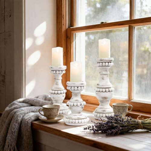 Farmhouse Large Candle Holders for Pillar Candles, Rustic Wooden Beaded Candle Holder, Perfect for Table Centerpieces, Coffee Table or Fireplace Mantel, 3 Piece Set (White) - color: White