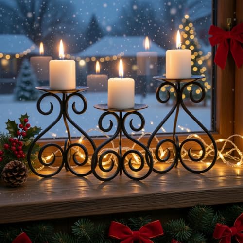 Hosley Illuminate in Style with Our Set of 3 Iron Candle LED Pillar Holders - Large 7 Inches, Medium 6 Inches, Small 5 Inches High for Versatile and Elegant Home Decor - color: Black, size: Height 5"-7" (Set of 3)
