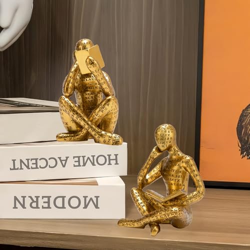 Antique Gold Reading Thinker Statue, Set of 2 Bookshelf Decor Abstract Art Thinker Sculptures, Modern Aesthetic Figurine Home Decoration Ornaments for Living Room Office Shelf Coffee Table Desk Decor - color: Antique Gold