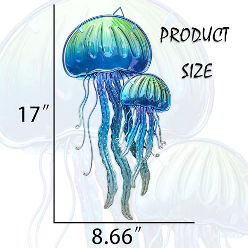 JOYBee Ocean Jellyfish Wall Art Decor-Sea Life Nautical Home Hanging Decor-Glass&Metal Jellyfish Decoration for Pool,Beach,Patio,Living Room,Bathroom,Boat, Coastal Decorations(17inch) - color: Blue Jellyfish