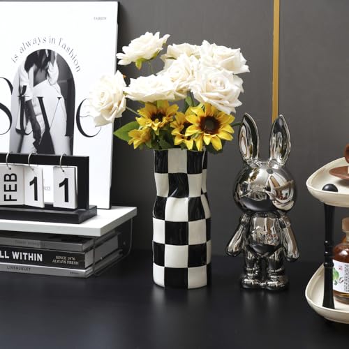 Ceramic Modern Checker Vase for Home Decor, Aesthetic Decoration for Livng Room, Bedroom, Kitchen, Minimalism Abstract Flower Vase Boho Chi, Wabi-Sabi, Hand-Pinched Pottery