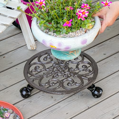 Sungmor Heavy Duty Cast Iron Plant Caddy,11" Round Potted Plant Stand Flower Pot Rack on 3 Solid Wheels,Indoor Outdoor Planter Holder Trolley Casters Rolling Tray - color: 1-Tier Caddy & 3.1Inch Tall