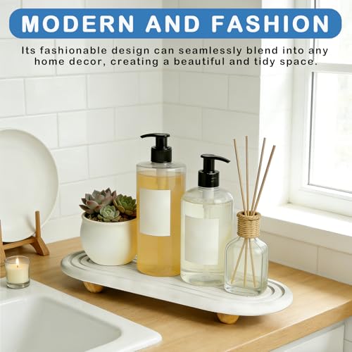 Instant Dry Sink Tray, Anti-Slip Stone Sink Caddy, Durable Kitchen Sink Organizer, Quick Dry Water Absorbing Stone Tray for Bathroom Counter, Stone Soap Tray -White - color: White Wooden Foot 4circles Large