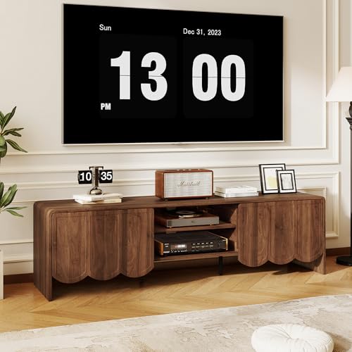 Modern 63" TV Stand, Wood Entertainment Center with Sliding Doors, Media Console for TVs Up to 70", TV Stand for Living Room, Walnut - color: Walnut