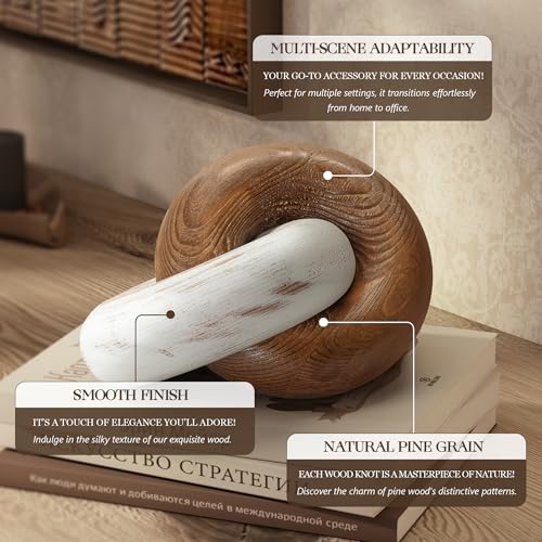 EOSAHR Boho Decor Pine Wood Knot Wooden Chain Link Decor for Your Coffee Table, Room Decor, or Book Shelf Chic Modern Desk Decor to Stylish up Your Home Office (Brown & White) - color: Brown&white