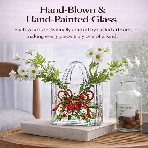 Glass Wallet Vase, Hand Painted Embossed Tote Bag with Handle, Thick Clear Glass Vase for Centerpiece, Fish Tank, Cute Home Decor Gift (Red Flower Pattern) - color: White Red Flowers
