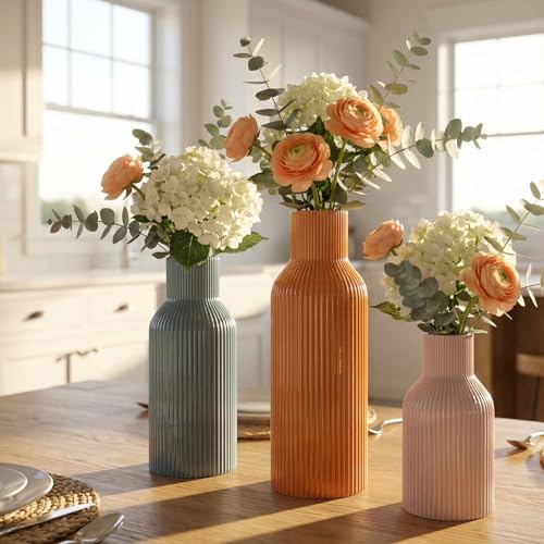 Colorful Ceramic Vases Set of 3(Pink, Blue, Orange), Modern Glossy Ribbed Color-Block Vase, Scandinavian Boho Style Decorative Ornament for Living Room and Shelves - color: Glossy-pink/Blue/Orange