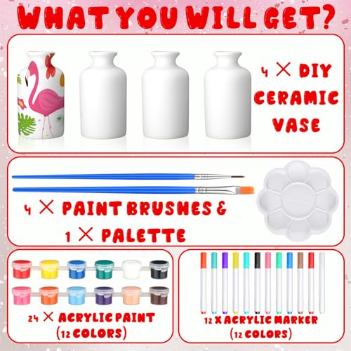 Singhoow 4 Set Mother's Day Paint Your Own Porcelain Paint Vase Art Project White Ceramic Painting Kit for Adults Porcelain Vase Decorating Kit Holiday Supplies DIY(Classic) - color: Classic
