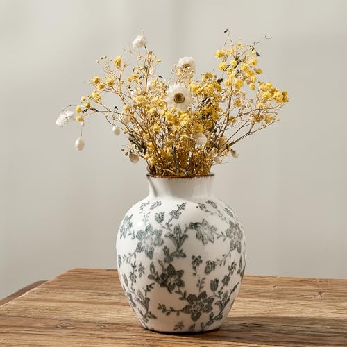 SIDUCAL Ceramic Vintage Vase, 5.83 Inch Retro Ice Cracked Chinoiserie Floral Vase, Rustic Farmhouse Vases for Home Decor, Bookshelf, Garden, Chinoiserie Decor, Tuscan Decor, Gray Floral Pattern - color: 18443-gray