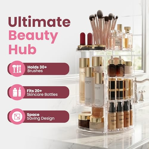 Masirs 360 Rotating Makeup Organizer Countertop - Adjustable Shelf Height - The Perfect Round Spinning Cosmetic Organizer for Bedroom Dresser or Vanity Countertop Storage (Clear) - color: Clear