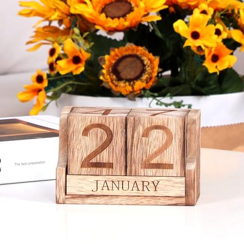 Wooden Desk Calendar,Desk Calendar Blocks for Teachers,Office Perpetual Date Block Small Home Desktop Decor Chic Vintage Month with Number Cubes Display Rustic Decoration(Carbonized Black) - color: Rustic Carbonized Black