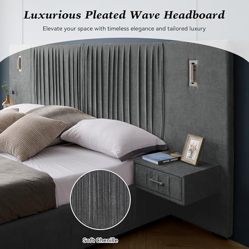 Luxury Queen Size Bed Frame with Oversized Upholstered Headboard, Modern Chenille Upholstered Platform Bed Frame with Gold LED Lights, Nightstands, No Box Spring Needed, Dark Grey - color: Dark Grey, size: Queen