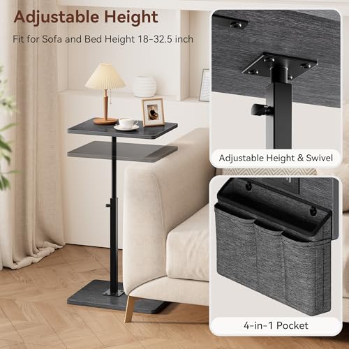 Vagusicc Sofa Armrest Tray Table for Couch - 360° Swivel Height Adjustable Side Table for Small Spaces, Snack Side Table for Bed or Chair, C Shaped End Table Snack Table for Eating Dinner Laptop - color: Gray Walnut, style: With Plug+Storage Bag