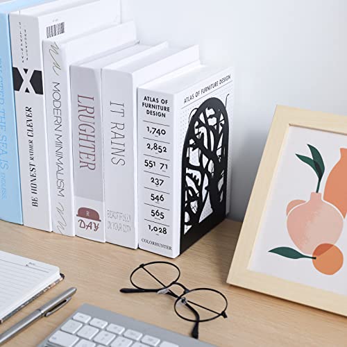 EOOUT Bookends for Shelves Decorative, 5 Pairs of Tree Bookends Supports, Black Metal Book Stoppers for Heavy Books, Heavy Duty Book Ends for Home Office School.