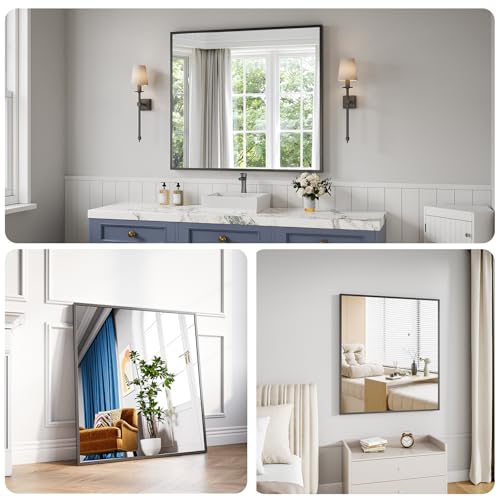 Bathroom Mirror 36x40 Black Bathroom Wall-Mounted Mirrors, Modern Vanity Mirror for Bedroom, Living Room, Aluminum Alloy Frame Allow to Hang Horizontally or Vertically - color: Square Edged, size: 40"L x 36"W