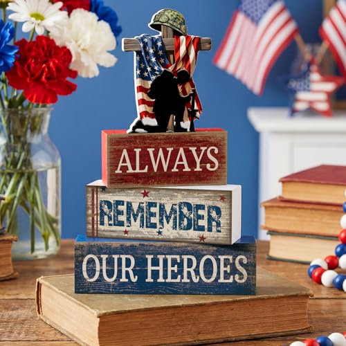 CroBlissful 4 Pcs Memorial Day Decorations 4th of July Patriotic Tabletop Decoration Red White Blue Table Centerpieces Alway Remember Our Heroes Sign for Tiered Tray Home Shelf 250th Anniversary - style: 4th of July