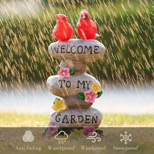 TERESA'S COLLECTIONS Garden Statues with Outdoor Solar Lights for Garden Decor, Cardinal Birds Welcome Yard Sign Rocks & Flower Resin Valentines Decorations, Gifts for Mom Yard Decor, 11"