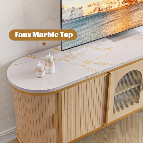 MXV 70" Fluted TV Stand for TVs up to 80", Mid Century Modern Entertainment Center with Sliding Doors & Glass Door, TV Console Table with Faux Marble Top for Living Room, Oak - size: 70IN