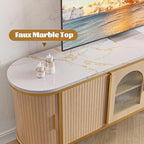 MXV 70" Fluted TV Stand for TVs up to 80", Mid Century Modern Entertainment Center with Sliding Doors & Glass Door, TV Console Table with Faux Marble Top for Living Room, Oak - size: 70IN