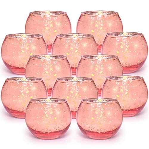 Volens Round Rose Gold Votive Candle Holders, Mercury Glass Tealight Candle Holder Set of 12 - color: Rose Gold