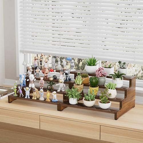 ZUJJAFY Cologne Organizer for Men, 4 Tier Wooden Cologne Stand Mens Fragrance Shelf, Tiered Wood Risers Display Stands for Perfume, Cupcake, Figures, Dessert, Brown