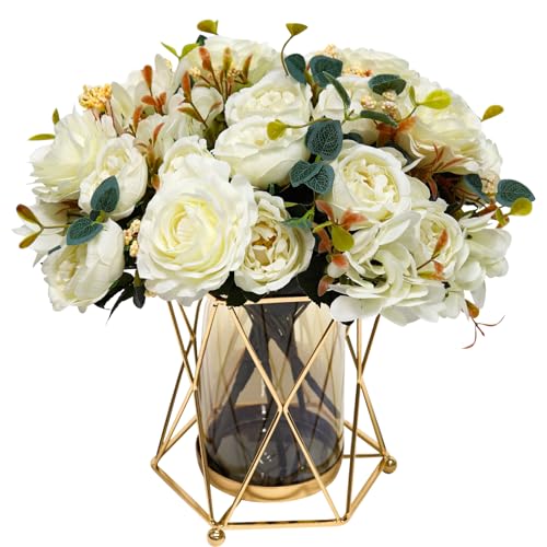 Faux Flowers with Vase, Silk Peony Bouquet Artificial Flowers in Vase, Fake Flowers Floral Arrangement for Home Decor Indoor, Table Centerpieces Flowers Decoration for Farmhouse (White Peony) - color: White Peony
