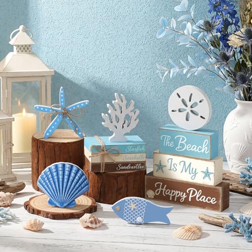 Vercraft 11 Pcs Beach Table Decorations Set Ocean Tiered Tray Decor Summer Wood Block Sign Gift the Beach Is My Happy Place Starfish Seashell Coastal Centerpiece Summer Party Supplies Shelf - style: Beach
