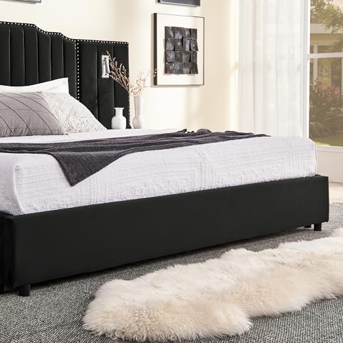 Luxury Queen Size Bed Frame with LED Lights and Nightstands, Modern Velvet Upholstered Platform Bed Frame with Oversized Headboard, Buttons Around, No Box Spring Needed, Black | Breathable material - color: Black-velvet, size: Queen