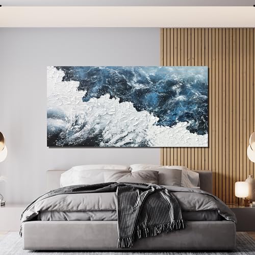 Abstract Wall Art Decor Abstract Canvas Wall Pictures for Living Room Large Blue White Wall Art Prints Beach Wave Artwork for Walls Coastal Modern Wall Art Decorations Home Office Wall Art Decor 24" X 48" - color: XY-01B, size: 48"L x 24"W