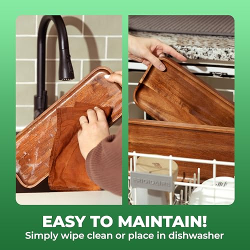 Large Solid Acacia Wood Serving Trays (17 x 6.5 inches) Rectangular Wooden Serving Platters for Home Decor, Food, Vegetables, Fruit, Charcuterie, Appetizer Serving Tray, Cheese Board (Set of 3 Plates) - size: Large