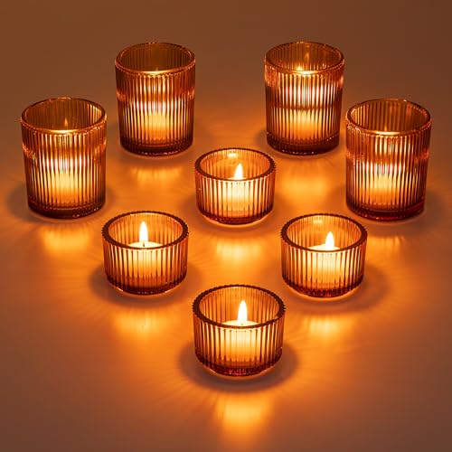 Glasseam Amber Glass Tealight Holders Set of 8 - Ribbed Small Votive Candle Holders for Table Centerpiece, Vintage Decor for Halloween Thanksgiving Party - color: Amber