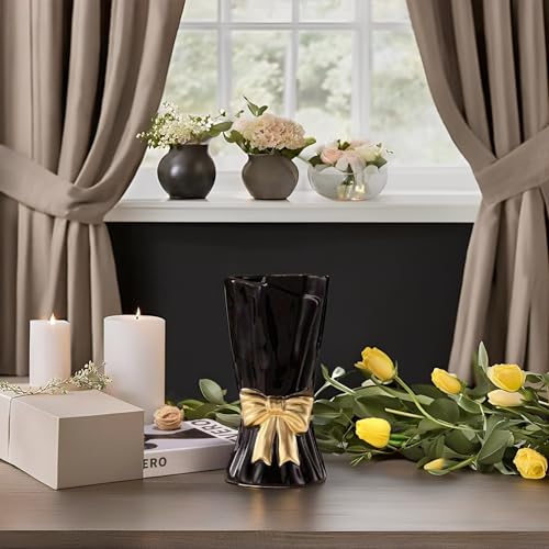 Bow Vase, Black Flower Vase for Home Decor, Black Ceramic Vases for Boho Style, Bow Decor, 9.3 Inch Flower Vases for Bouquet, Ideal Shelf Decor/Table. (Large) - color: Black
