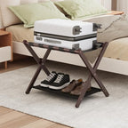 Smuxee Brown Bamboo Luggage Rack for Guest Room, Foldable Suitcase Stand with Storage Shelf, Easily Assembled Luggage Stand with 5 Nylon Straps for Guest Room Bedroom Hotel - color: Brown 1PCS