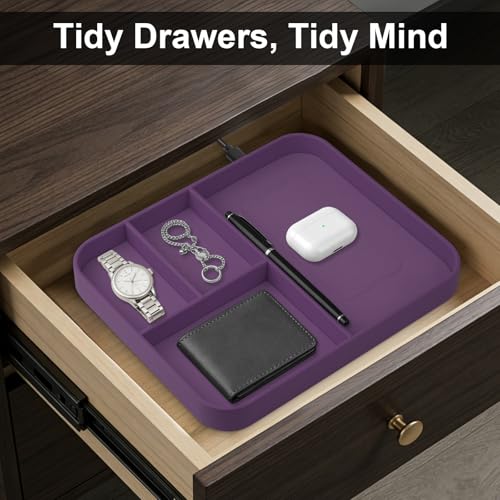 VOVIPO Faux Leather Valet Tray,with 2 in 1 Wireless Charging Compitable With iPhone/17/16/15/15 Plus/15 Pro/15 Pro Max/14/13/12/Wireless earphones,Office/Home Desk Organizers Tray-Purple - color: Purple