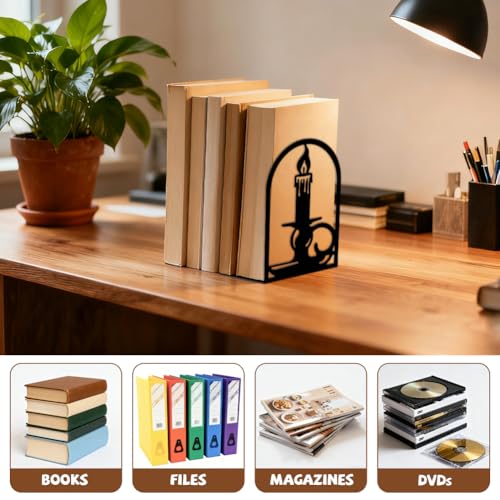 Peacoblue Metal Bookends for Shelves, Modern Decorative Heavy Duty Study Book Ends Stoppers for Office Desk Shelf Room 5.3"x4.3"x7.9" Cast Iron Simple Bookends 1 Pair (Quill Pen with Candlestick) - style: Quill Pen with Candlestick
